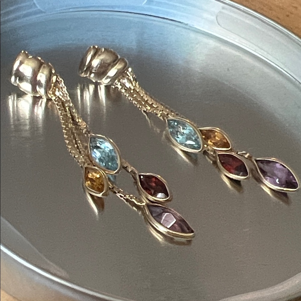 Vintage 14K Gold ESH Marquis Cut Dangling Multi Gemstone Earrings